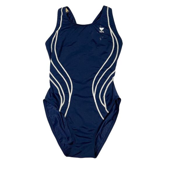 TYR Swimsuit One Piece Racerback Navy Blue White‎ Cutout Back Women's 34 Small - Picture 1 of 10